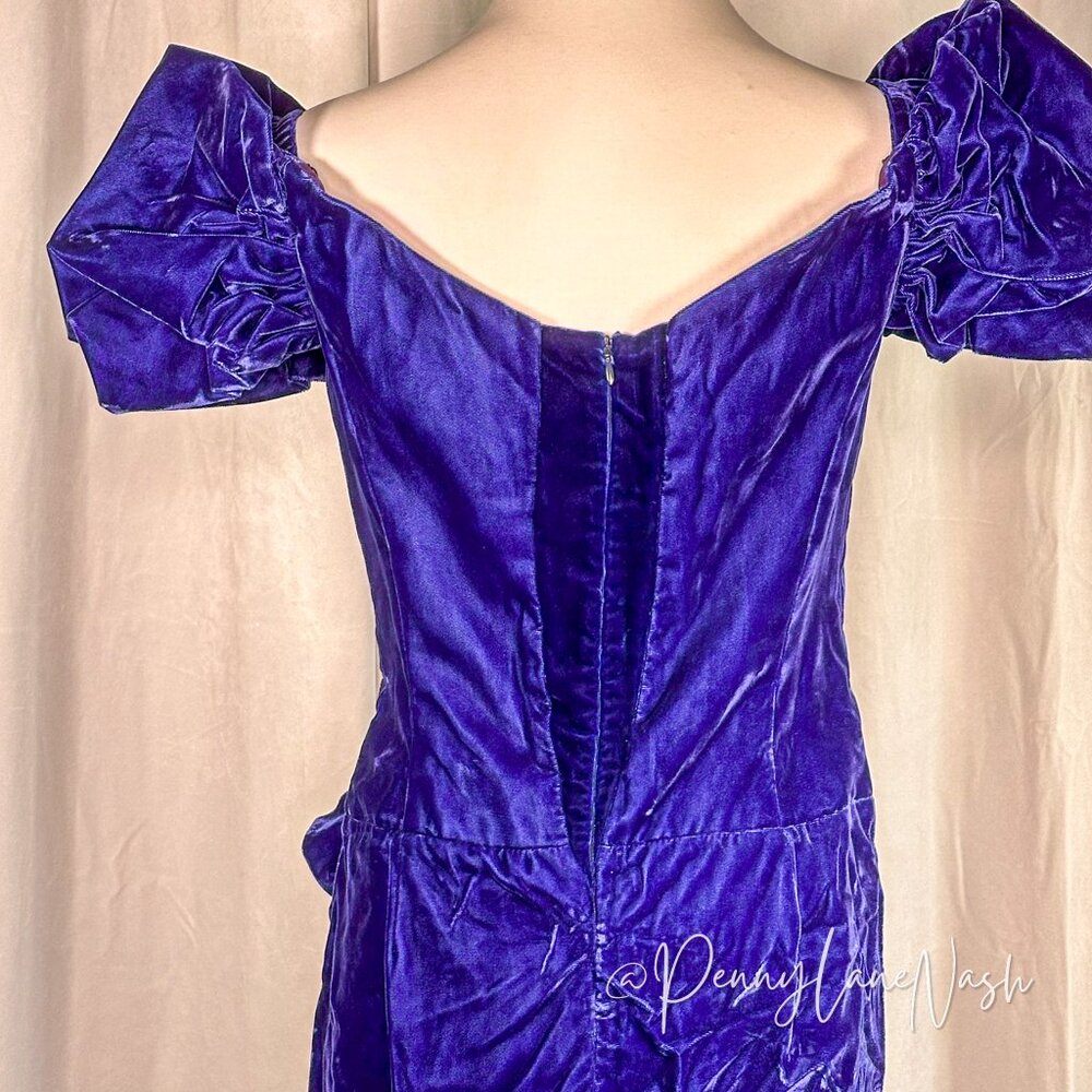 Vintage Alex Evenings Velvet Puff Sleeve Cocktail Dress Blue - Picture 11 of 12